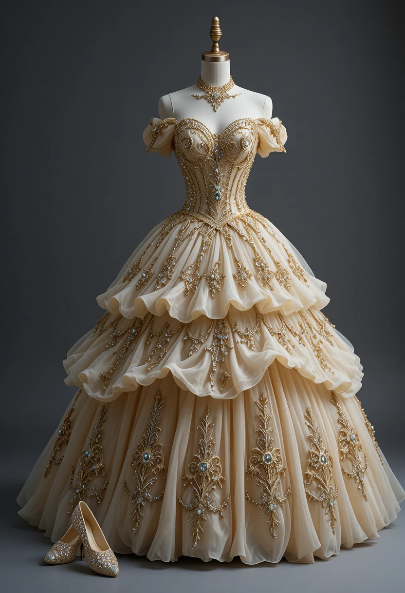 Bejeweled Cinderella style gown on ornate mannequin display