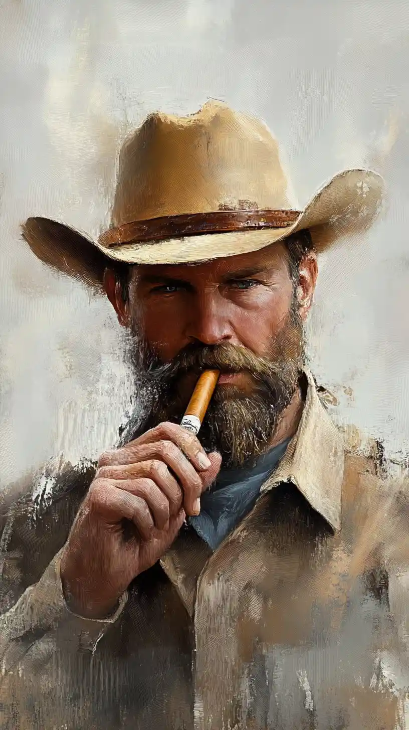 Melancholischer bärtiger Cowboy, der Zigarre raucht – Low-Angle-Porträt