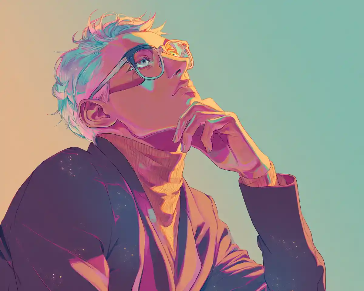 Stylish anime man seated in a thoughtful side profile pose