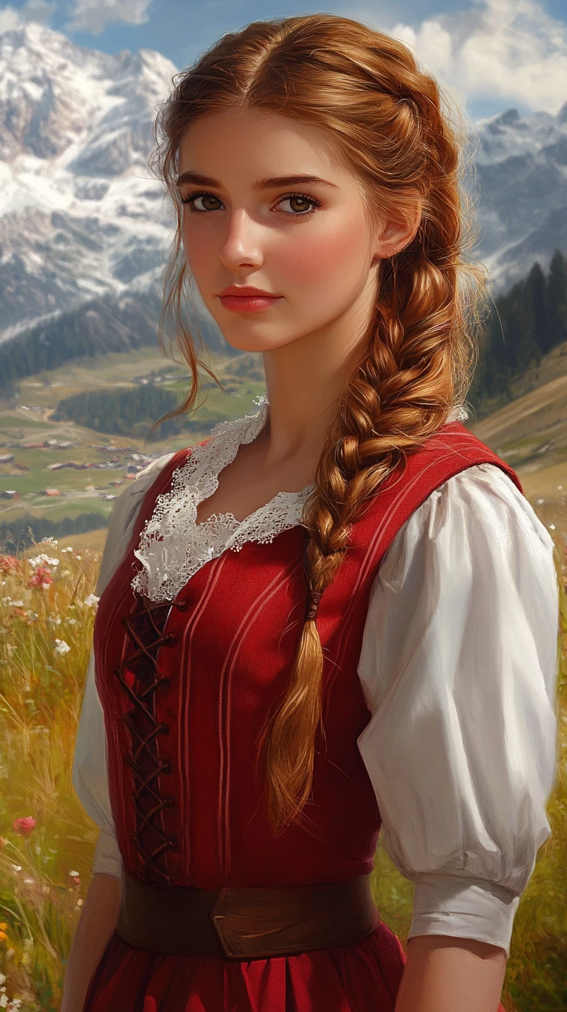 Beautiful girl in checked dirndl on a sunny alpine meadow