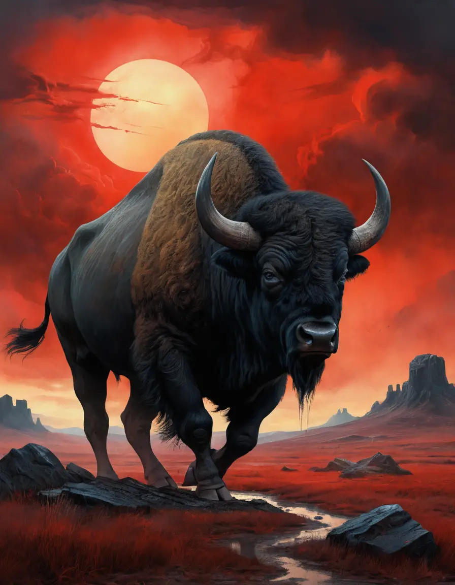 Black bison silhouette under a blood red stormy sky