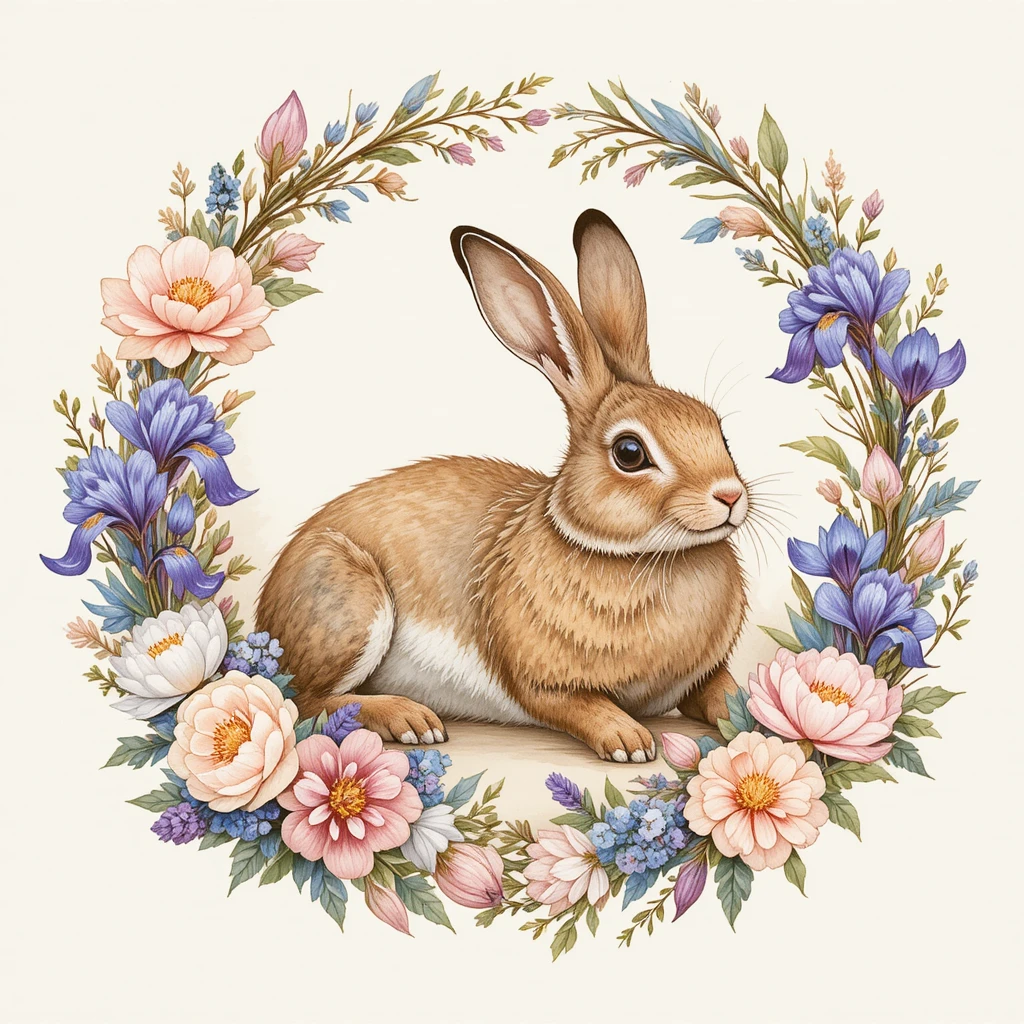 Lebre marrom em guirlanda floral em suave aquarela pastel