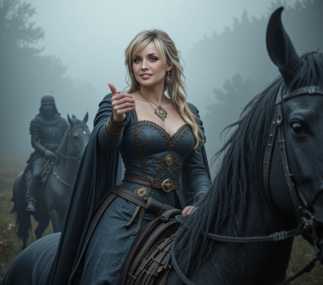 Noble dame médiévale sur cheval de guerre noir dans un dense brouillard matinal