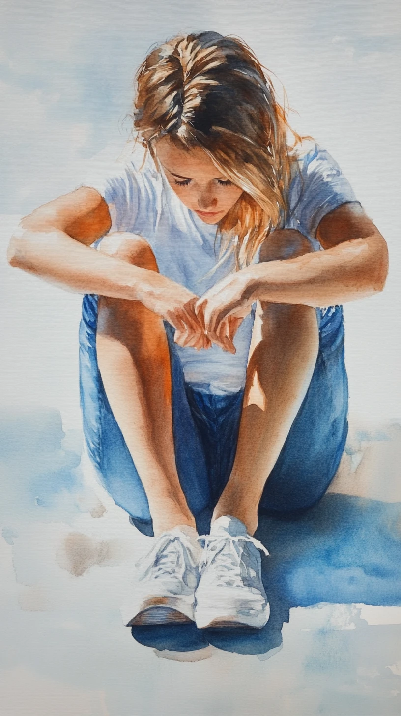 Watercolor of teenage girl crouching to lace yellow sneakers