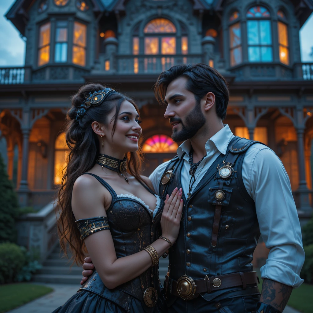 Pareja steampunk frente a mansión victoriana iluminada con neón