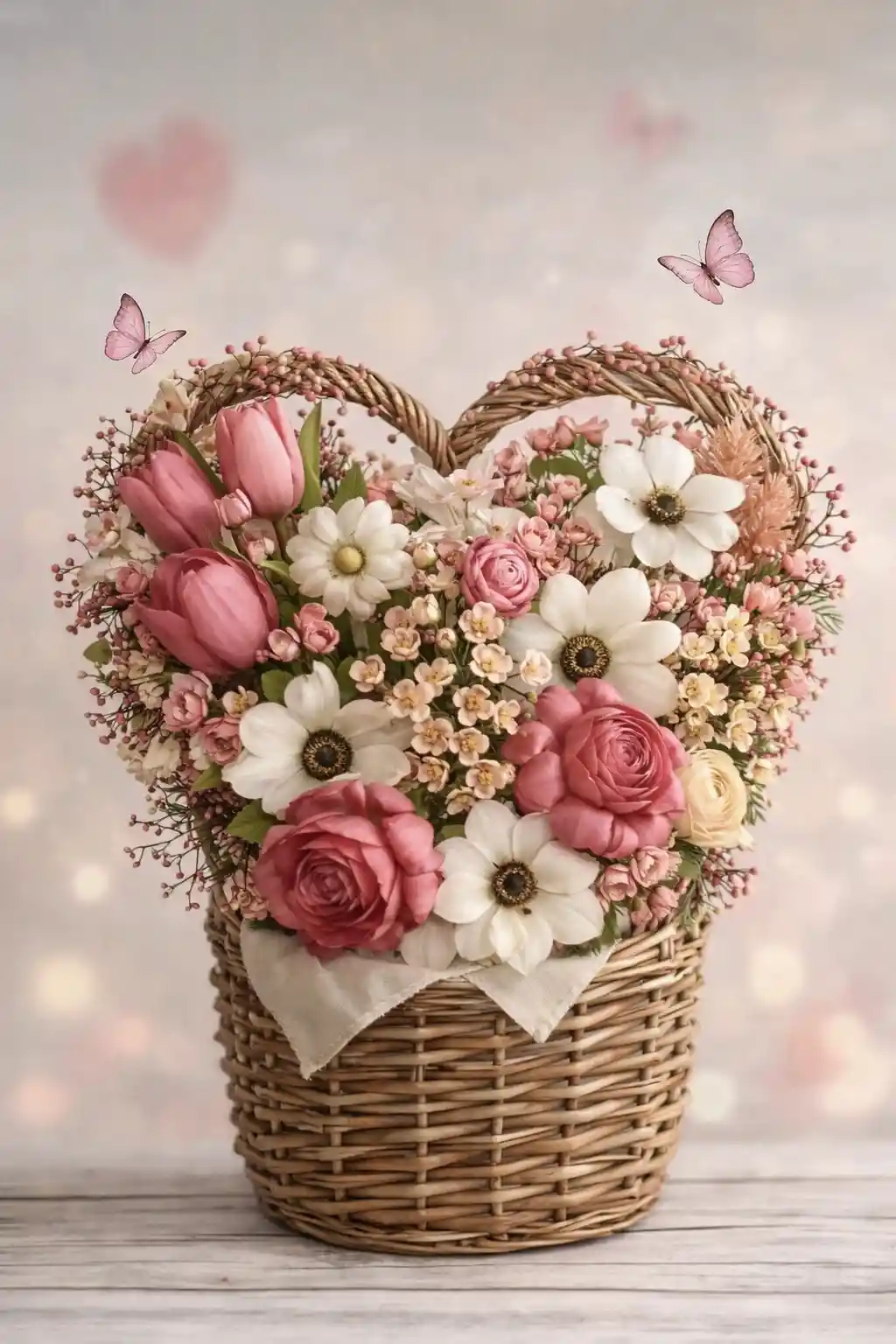 Cesta de flores en forma de corazón repleta de flores de primavera