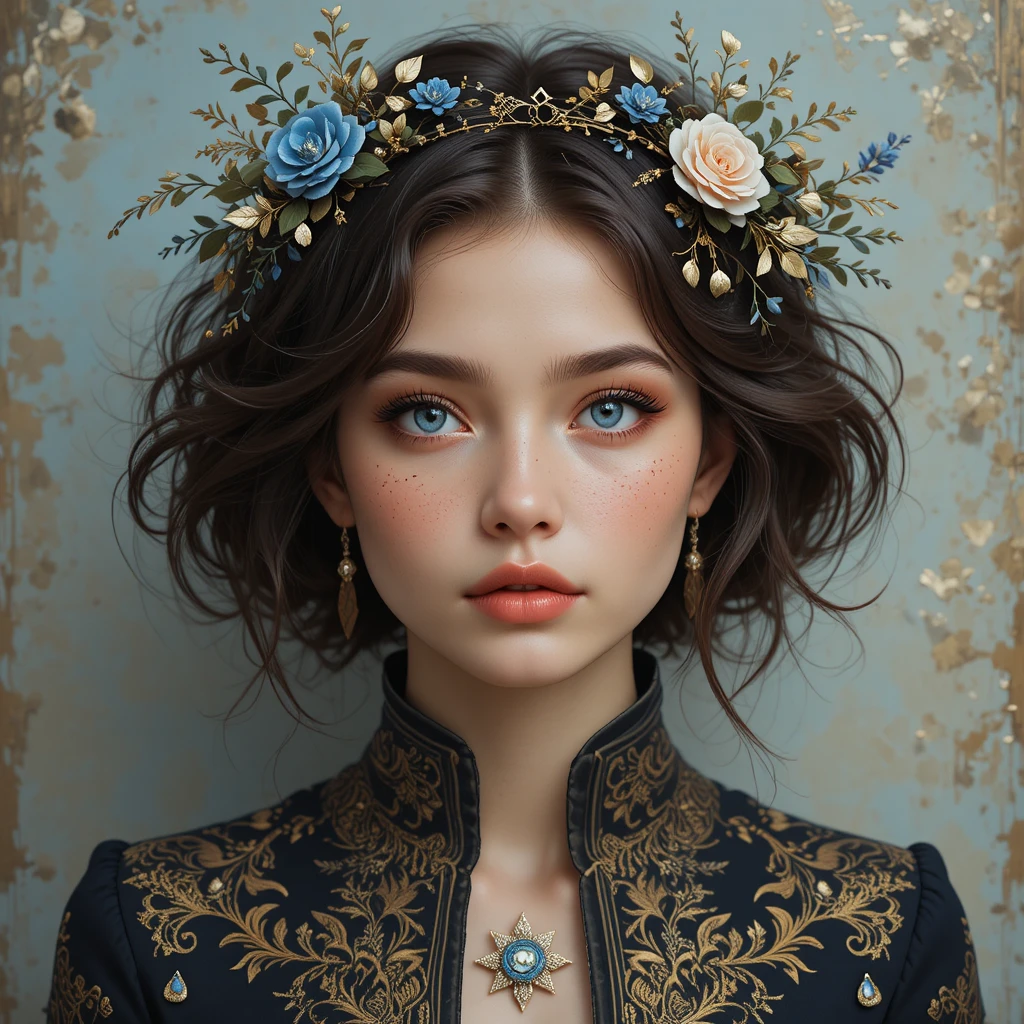 Portrait of a young woman with blue eyes and floral crown