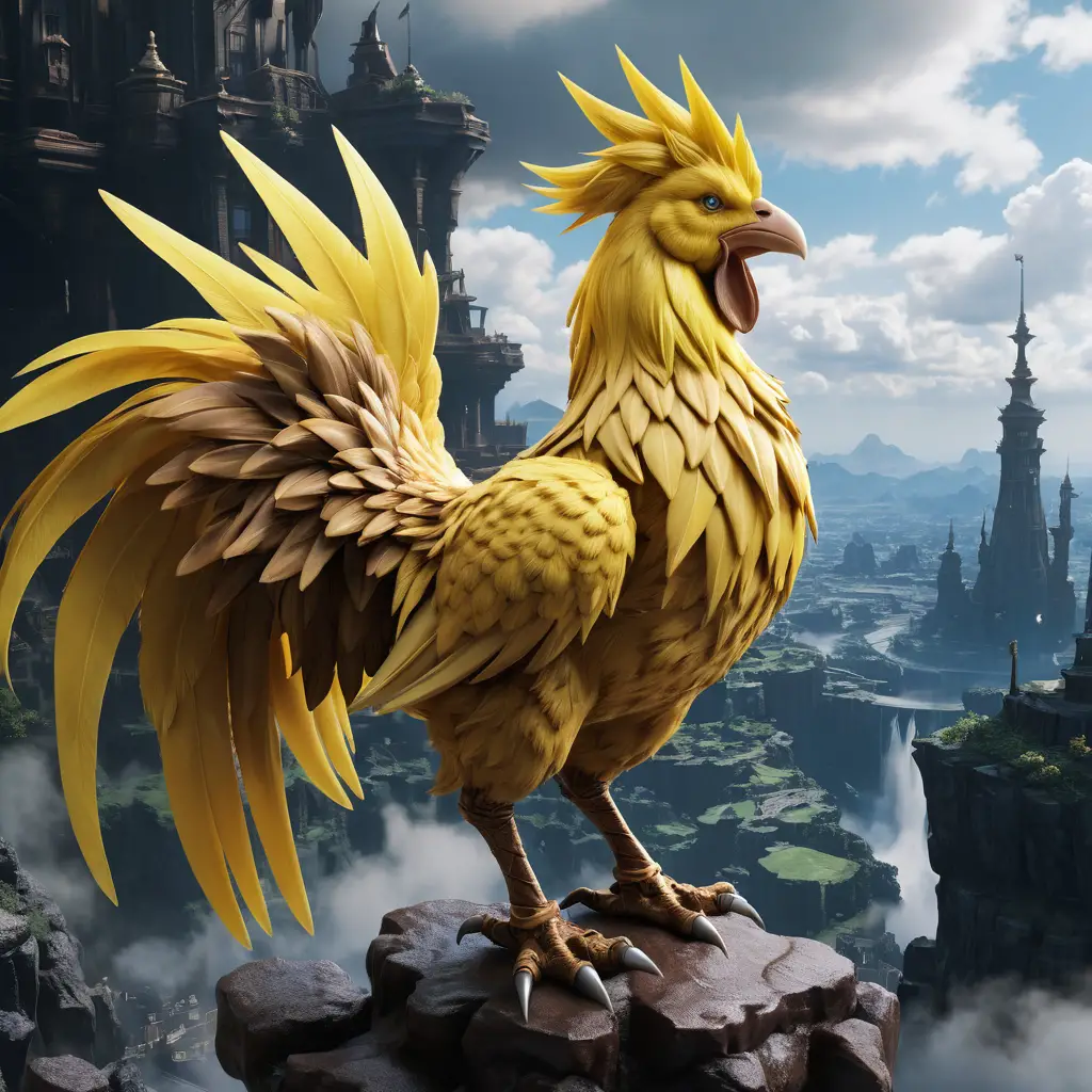 Héros chevauchant un majestueux oiseau fantastique jaune au-dessus du paysage