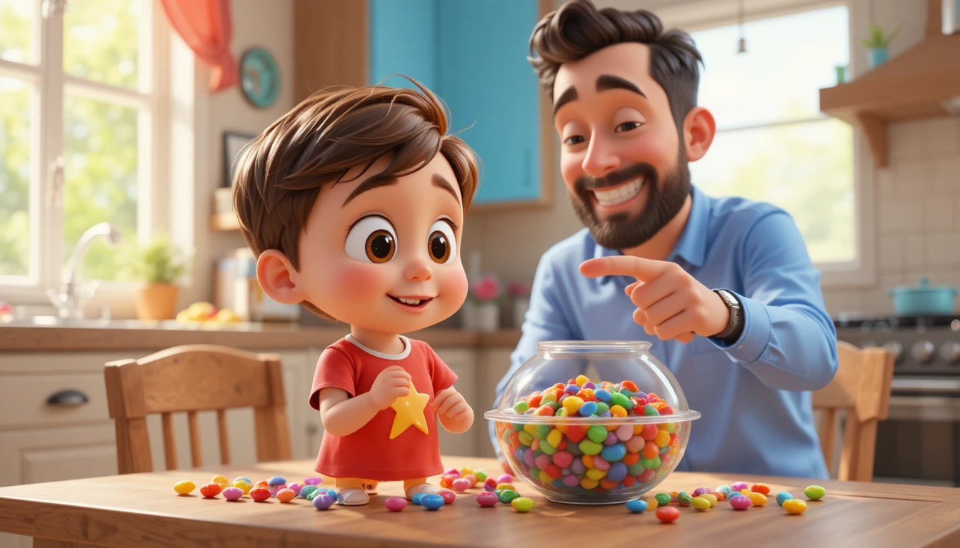 Little boy hiding candy as his laughing father teases