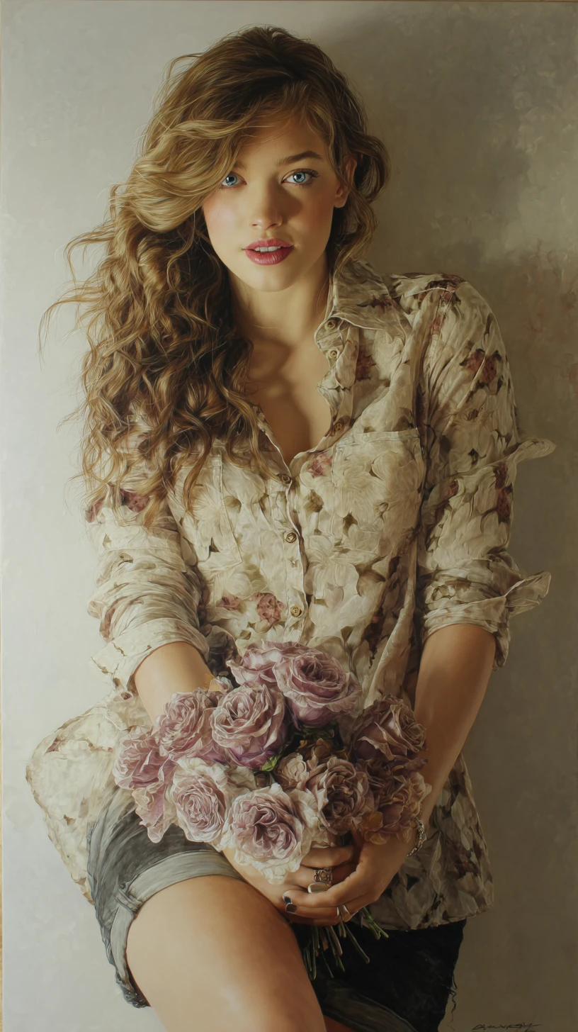 Hyperrealistic brunette woman leaning against an indoor wall
