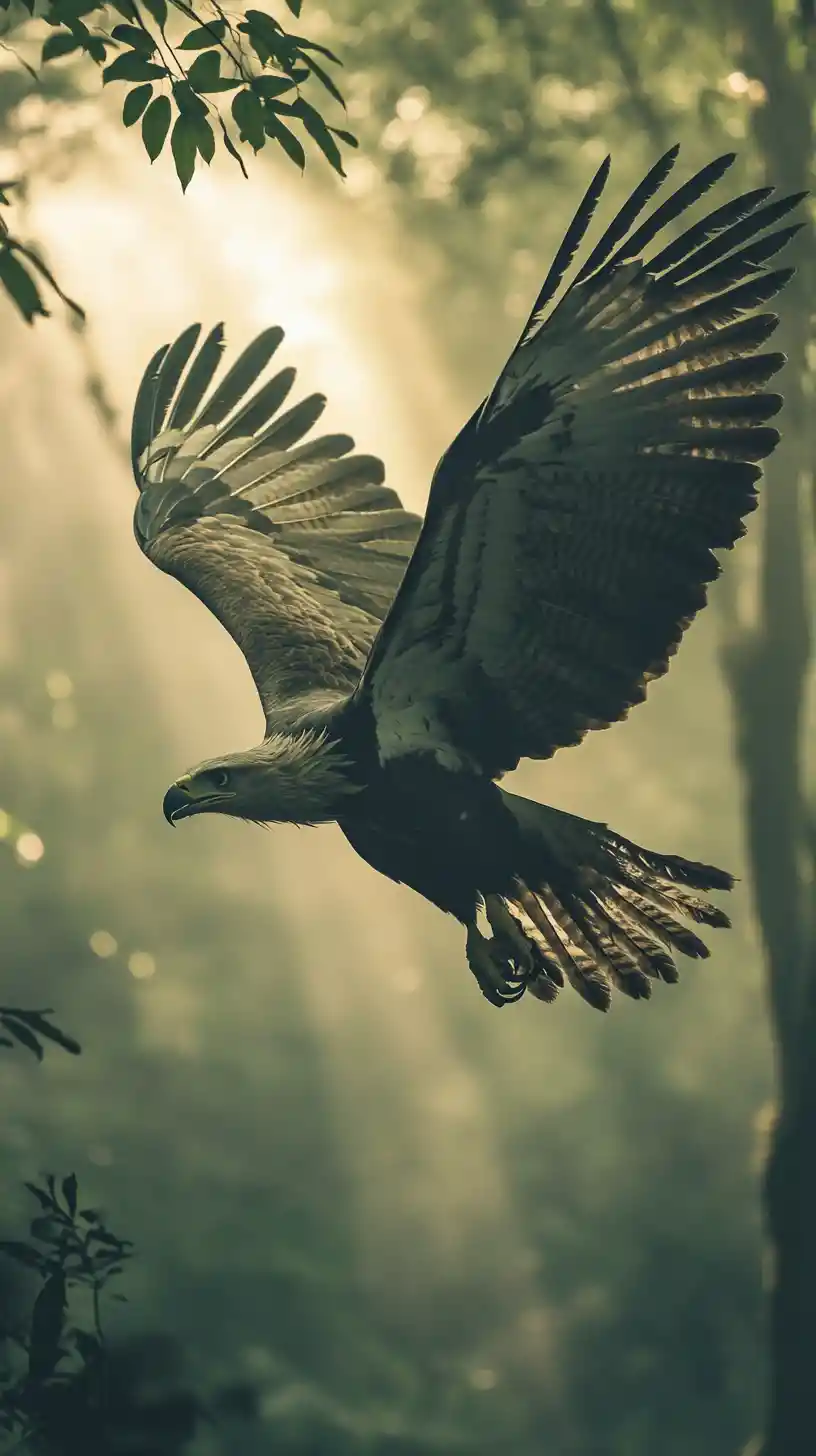 Águila harpía zambulléndose entre la neblina del dosel de la selva a contraluz del sol