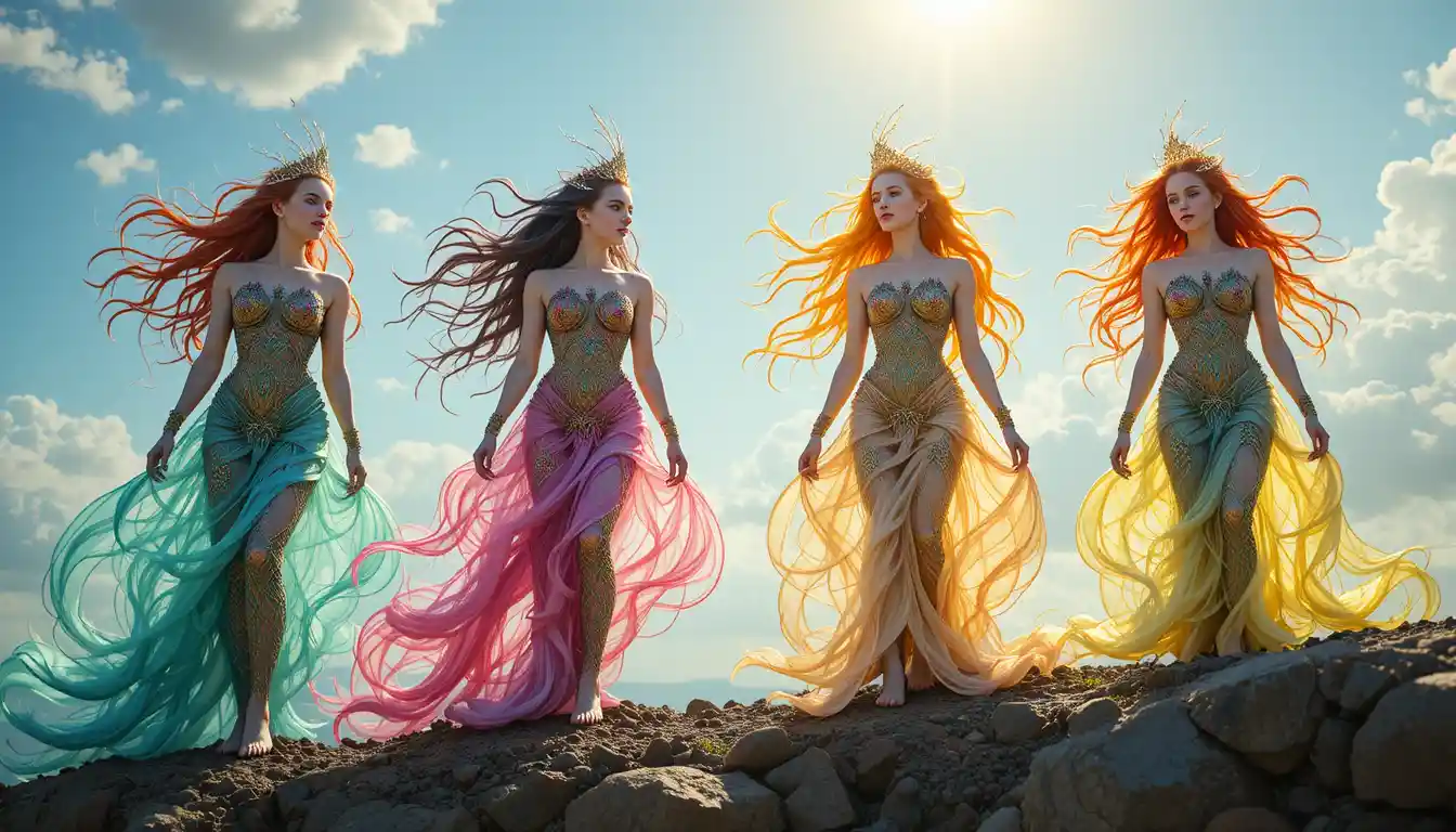 Four colorful mermaids standing on a sunlit rocky shore