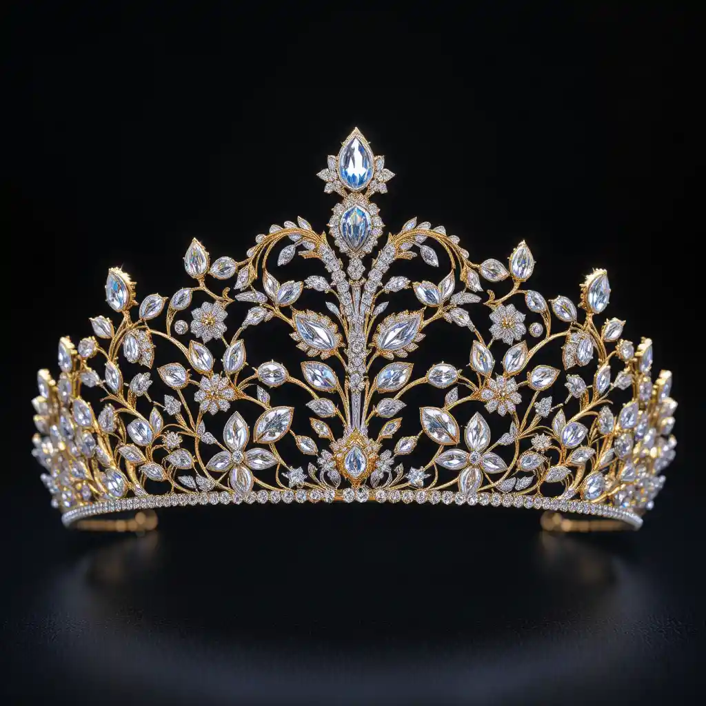 Gold floral tiara with sparkling crystals on black background