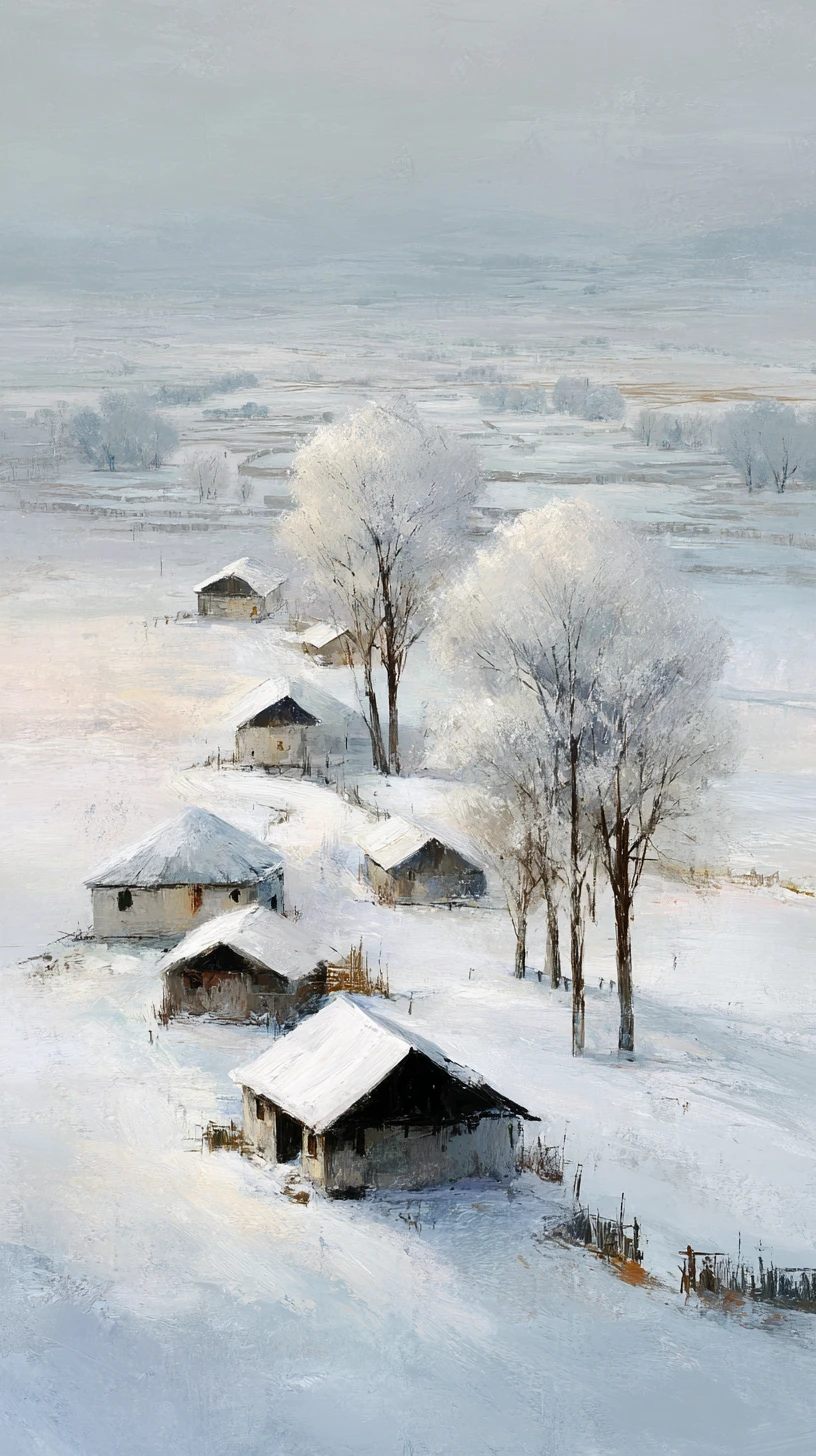 Tranquillo villaggio rurale con campi innevati all’alba