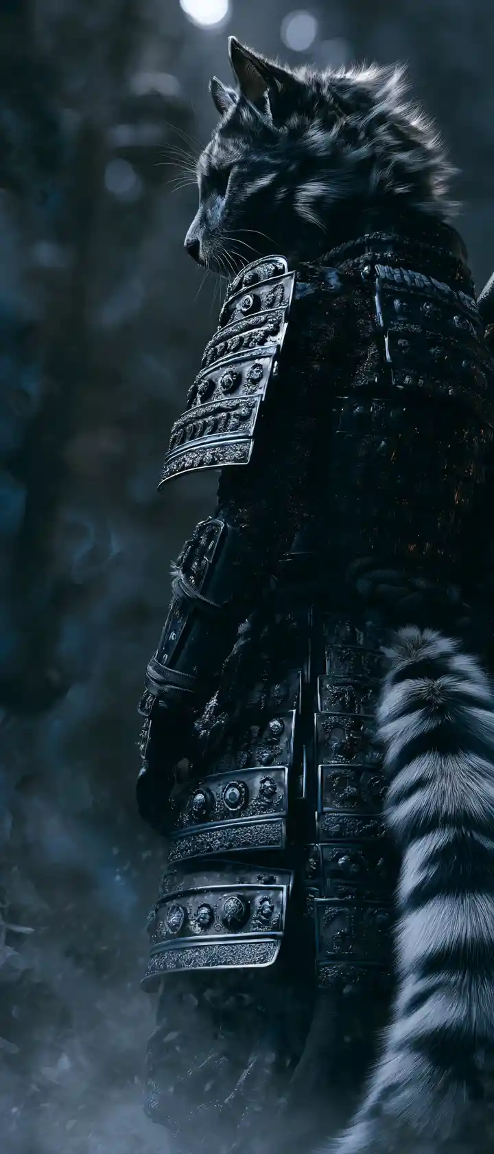 Anthropomorphic samurai cat in a ruined winter metropolis