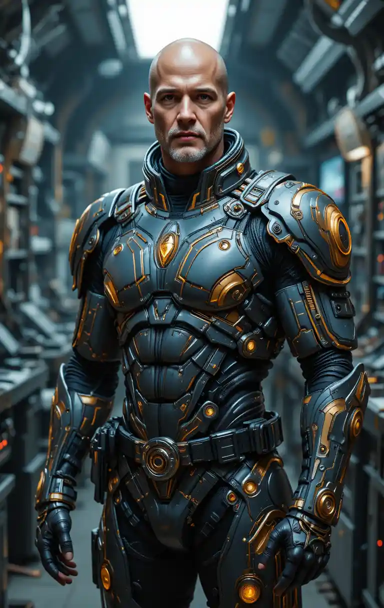 Homem careca blindado em traje sci-fi brilhante no laboratório