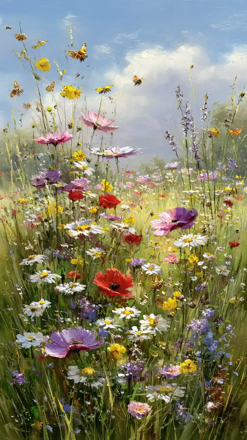 Prato primaverile al sole pieno di coloratissimi fiori selvatici