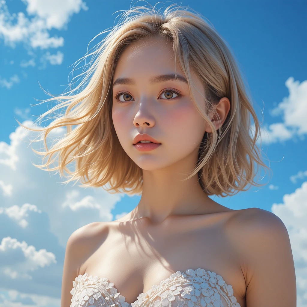 Ritratto sereno di ragazza anime sotto un cielo blu brillante