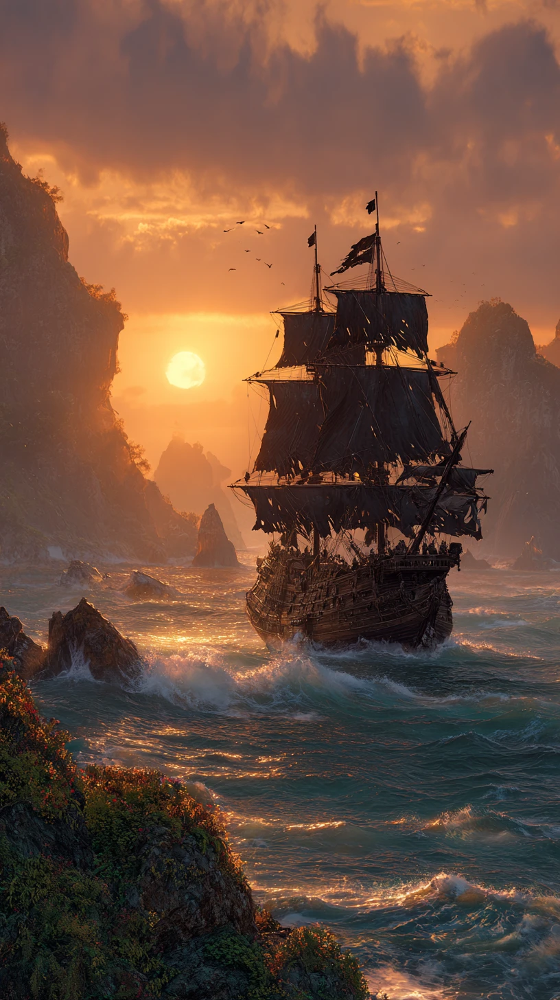 Navio pirata atravessando ondas tempestuosas ao pôr do sol