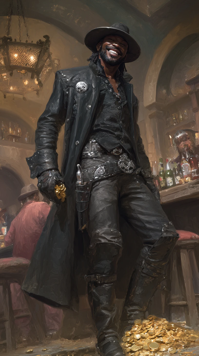 Cowboy afrofuturista sorrindo com ouro em um saloon empoeirado