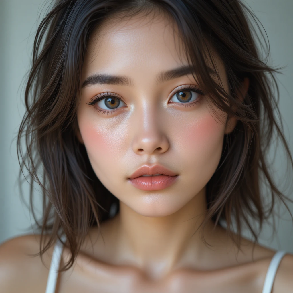 Portrait serein en gros plan d’une jeune femme en blanc