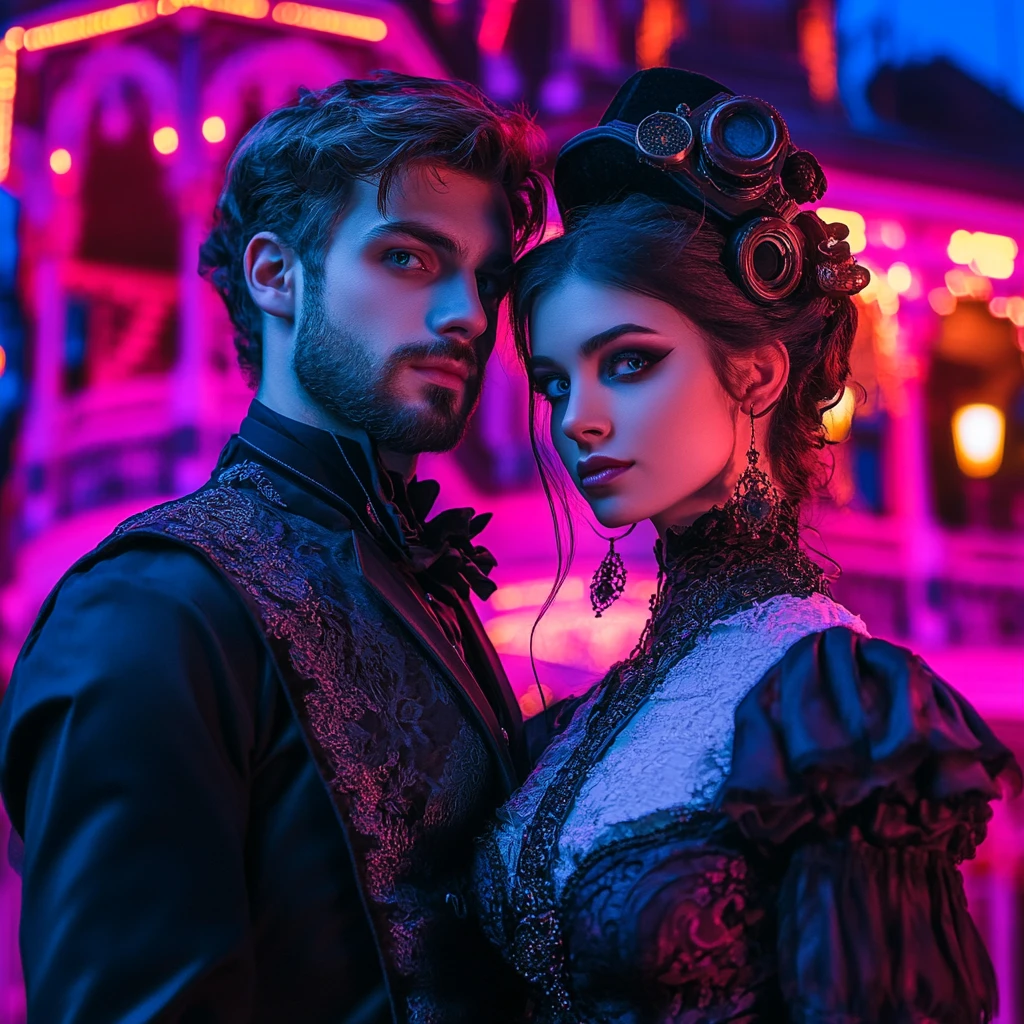 Pareja romántica ante mansión victoriana steampunk iluminada con neón