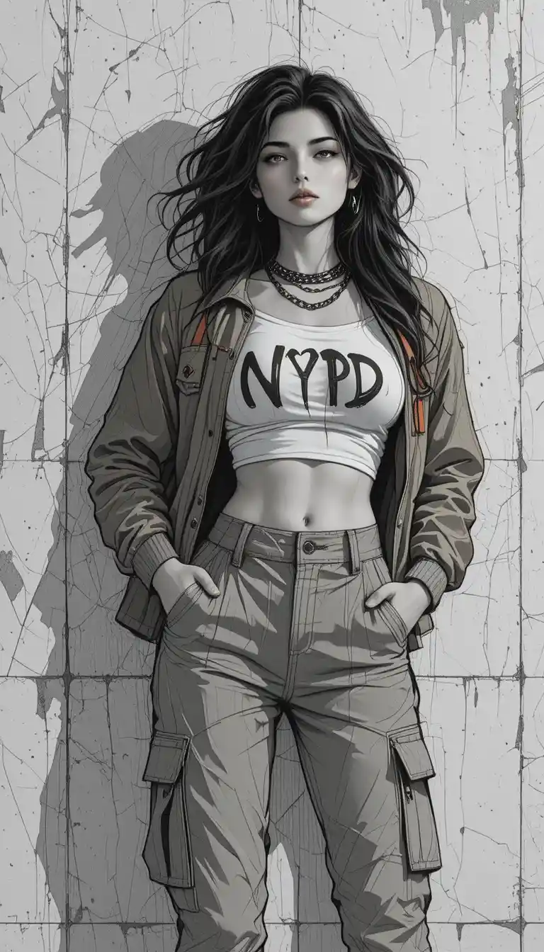 Confident young woman in urban streetwear against concrete wall