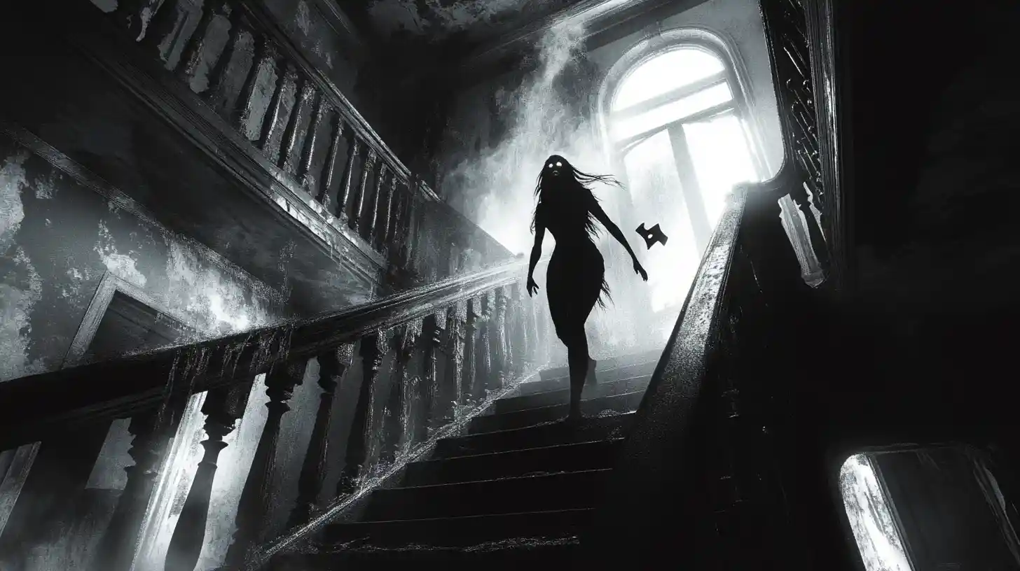 Esploratore solitario affronta un fantasma sulla scalinata della villa