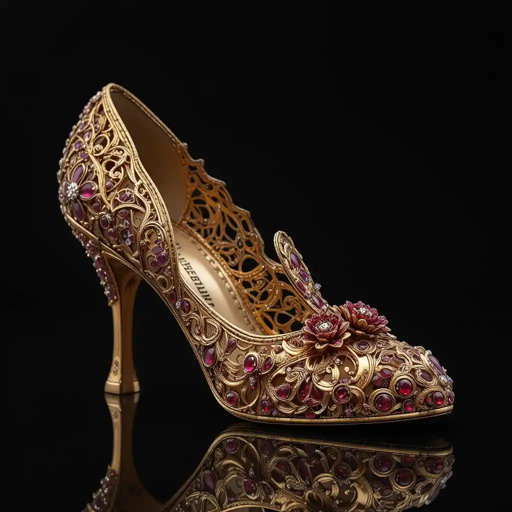 Golden ruby high heel shoe on glossy black background