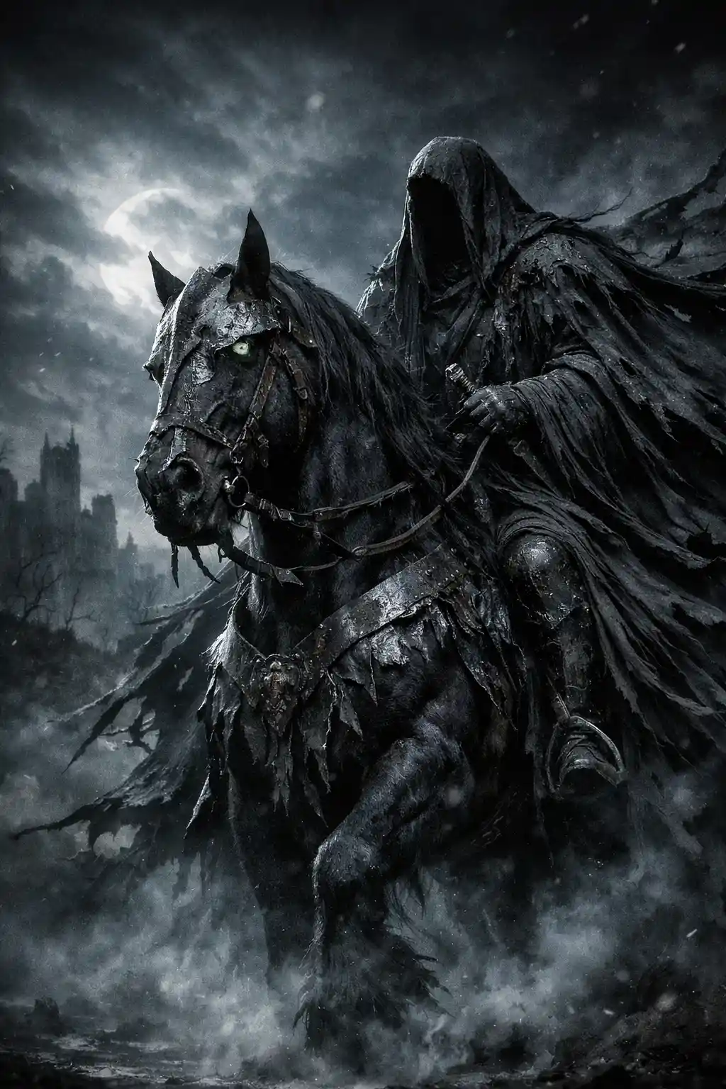 Cavaliere incappucciato oscuro su un nero cavallo da guerra tra rovine al chiaro di luna