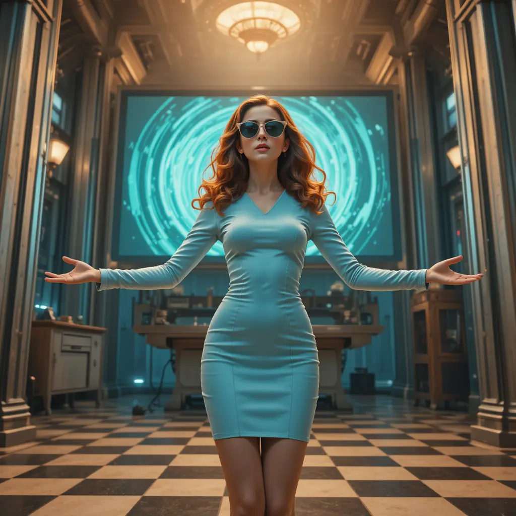 Jeune femme tend la main vers un écran de cinéma vintage lumineux