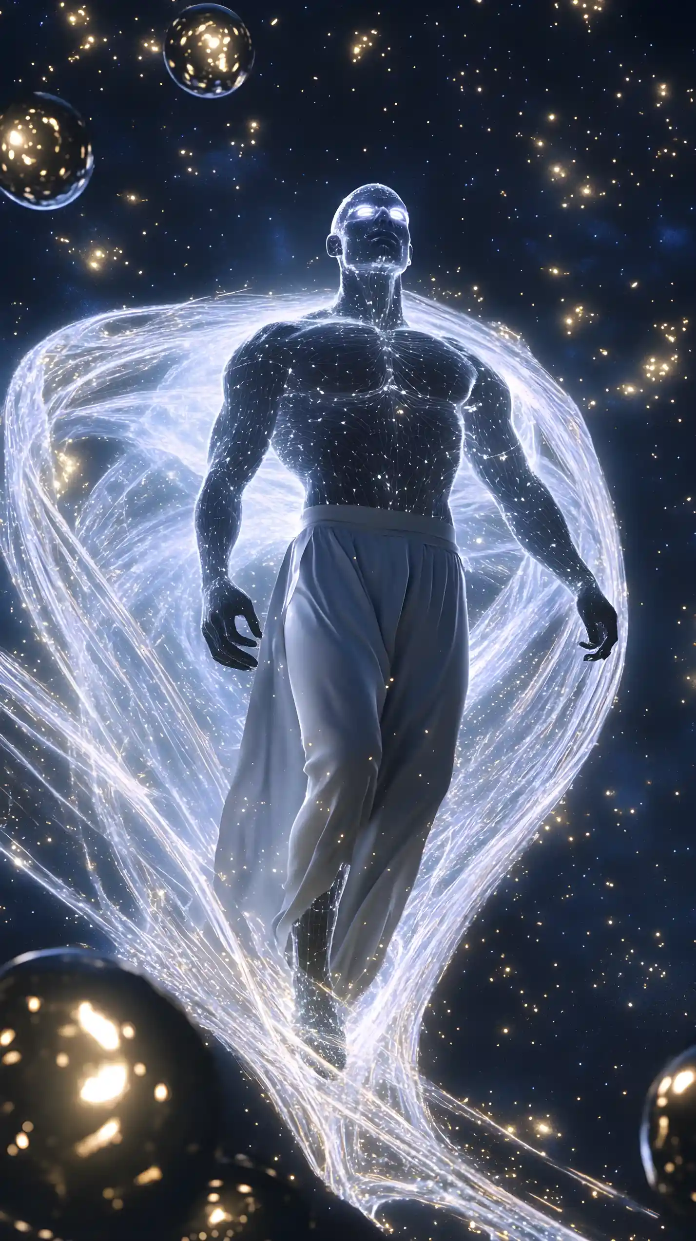 輝く星屑の中から昇る穏やかな宇宙的な男性像