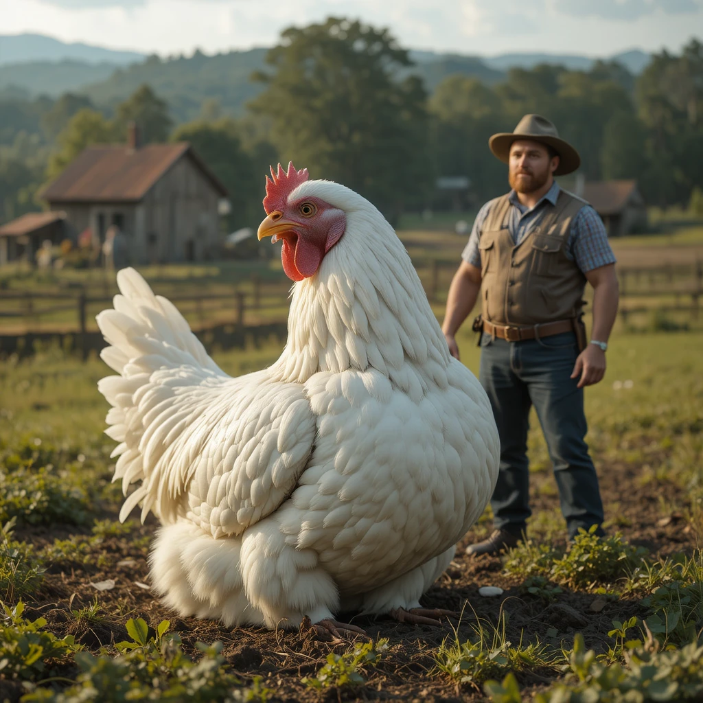 Farmer Watching Giant White Hen Laying A Huge Egg