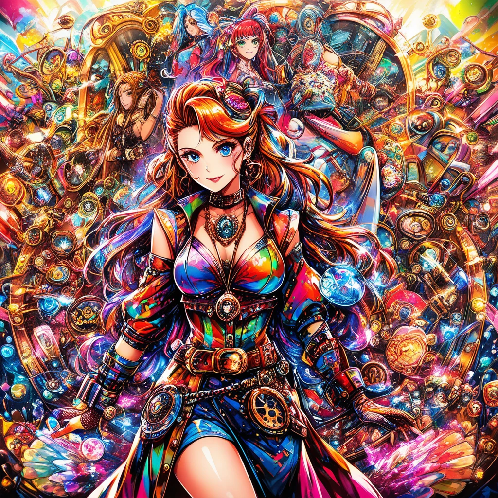 Chica steampunk que brilla entre luces de neón vibrantes y coloridas