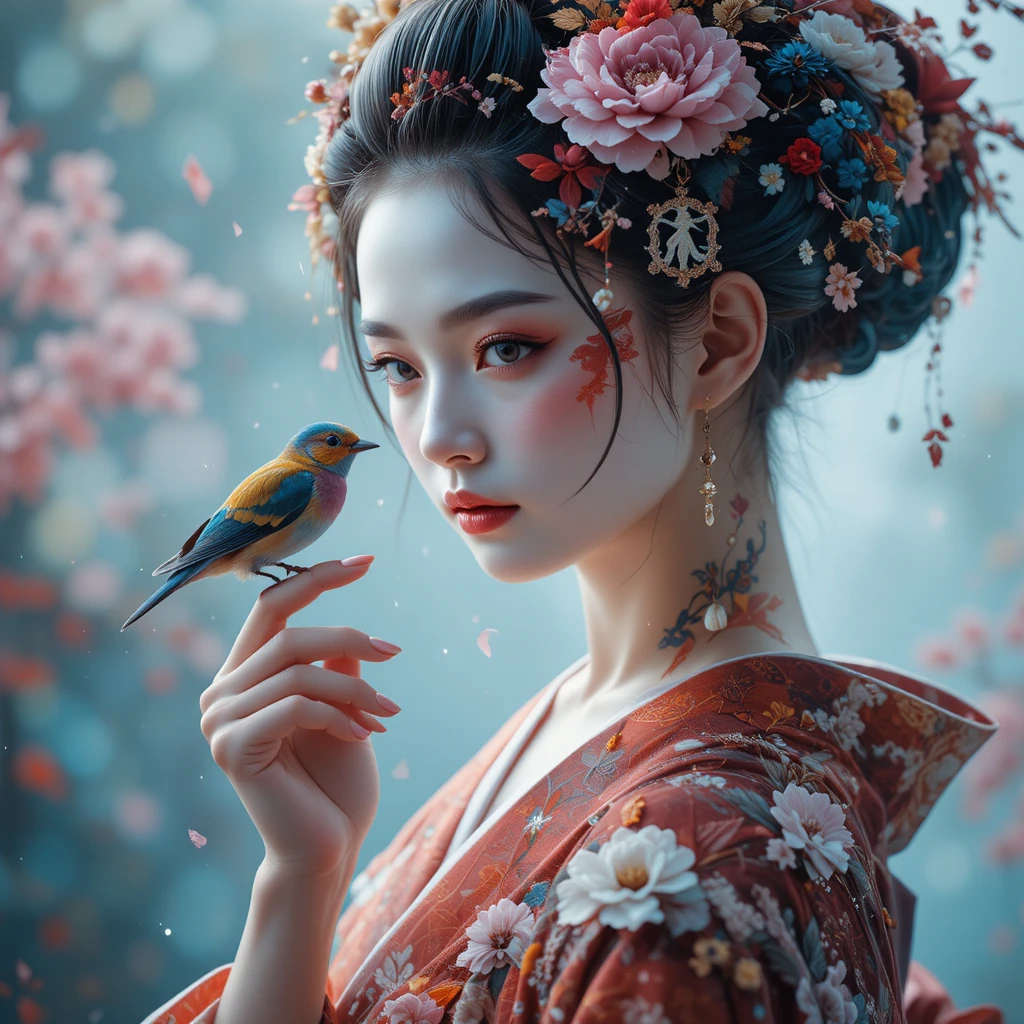 Surreales filmisches Porträt einer dramatischen Geisha mit den vier Jahreszeiten