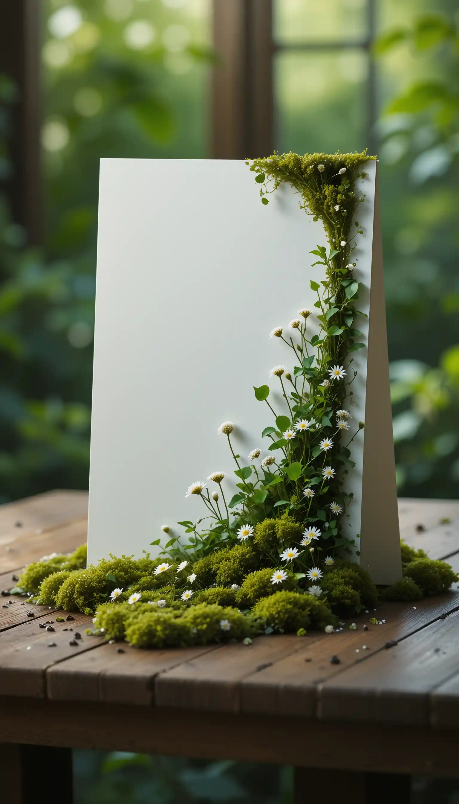 Paper transforming into lush green leaves on wooden table