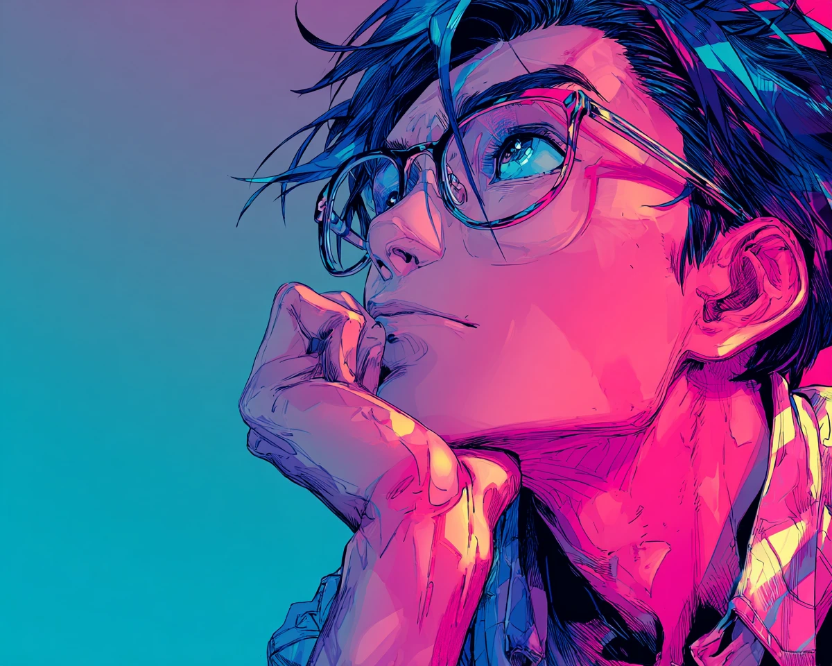 Homem de anime contemplativo sentado de perfil em um banquinho