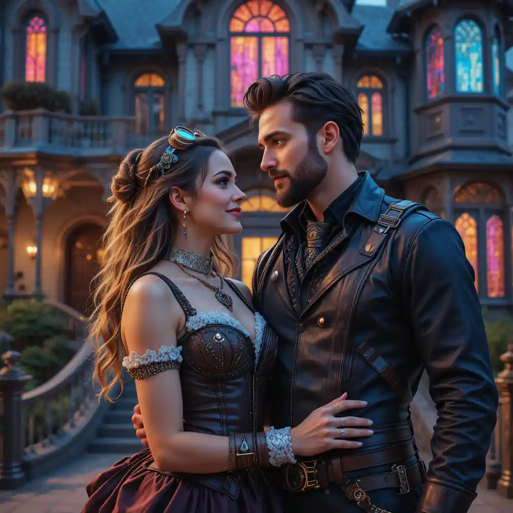 Pareja steampunk frente a mansión victoriana iluminada con neón de noche