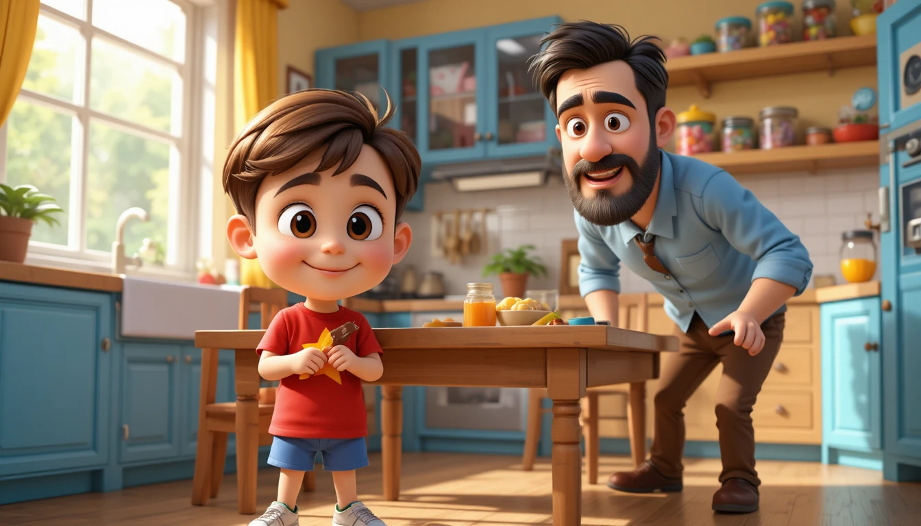 Niño pequeño escondiendo chocolate de su padre sospechoso