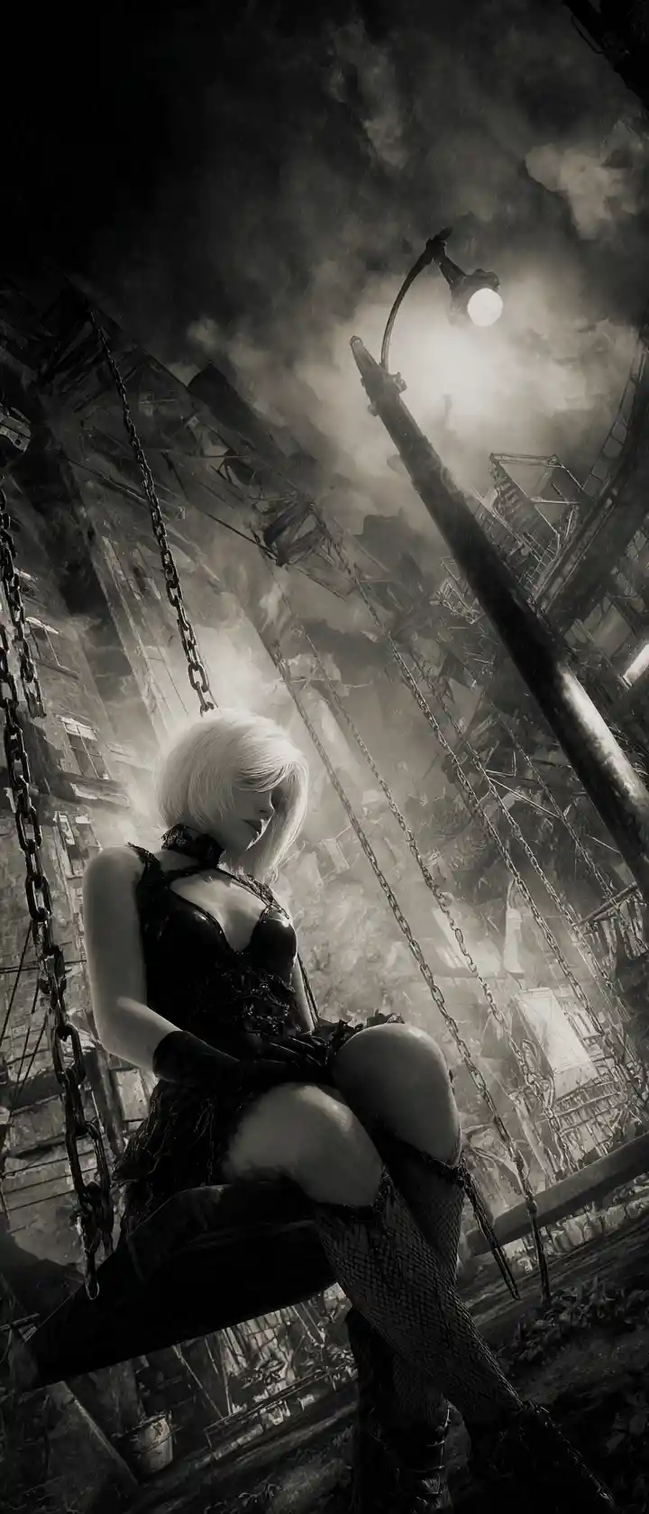 Gothic woman on a swing in a dark urban playground