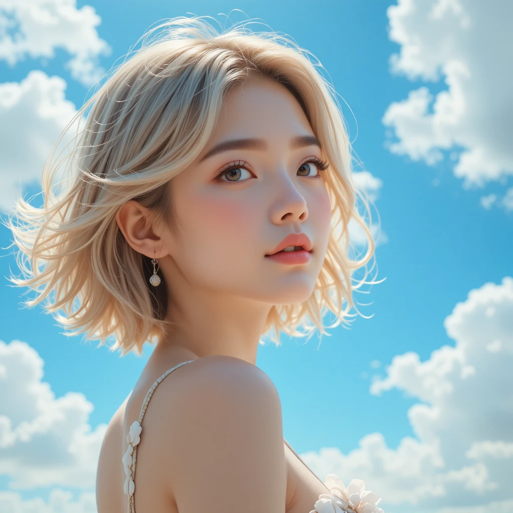 Retrato de chica de anime soñadora bajo un cielo azul brillante