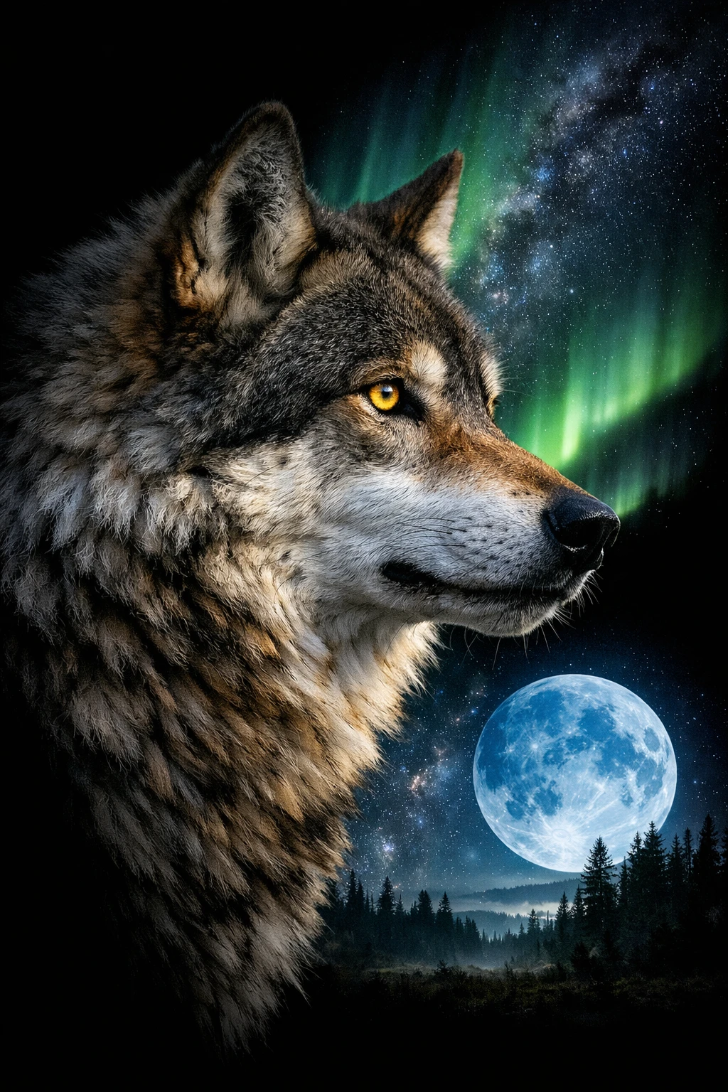 Retrato em close de lobo com céu noturno ao luar
