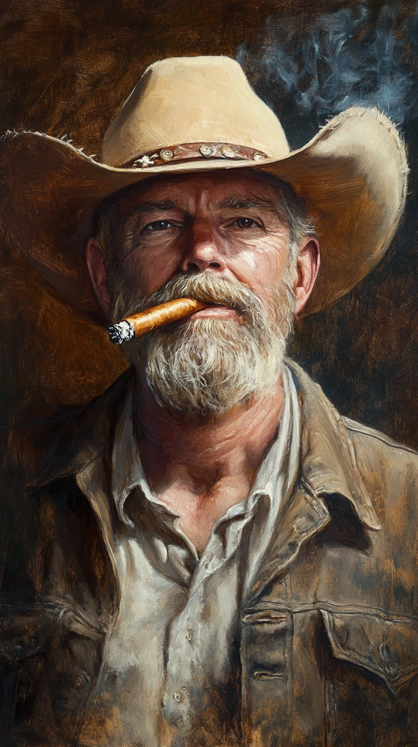 Cowboy barbuto che fuma un sigaro in un drammatico ritratto a olio