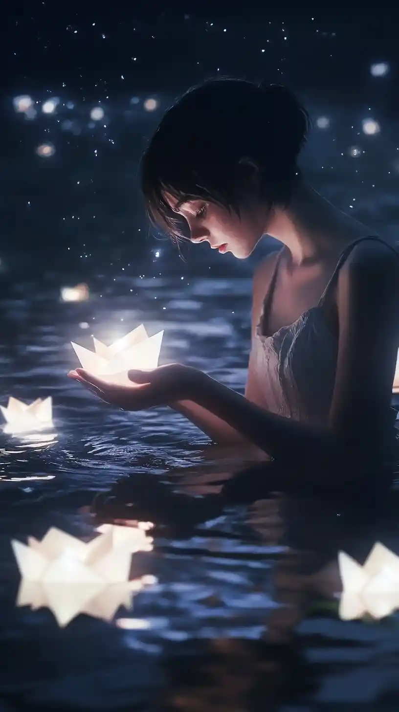 Girl holding glowing light among paper boats at night