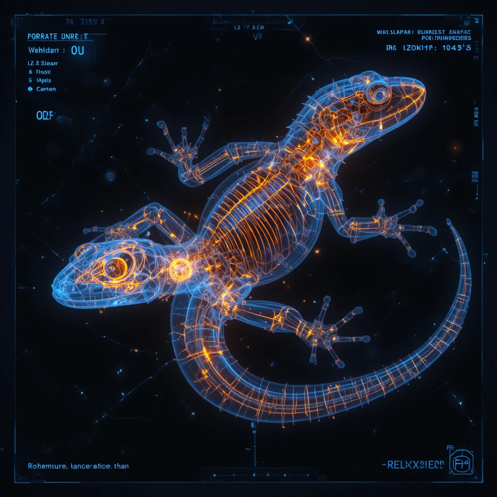 Neon X ray Illustration Of A Steampunk Gecko Skeleton