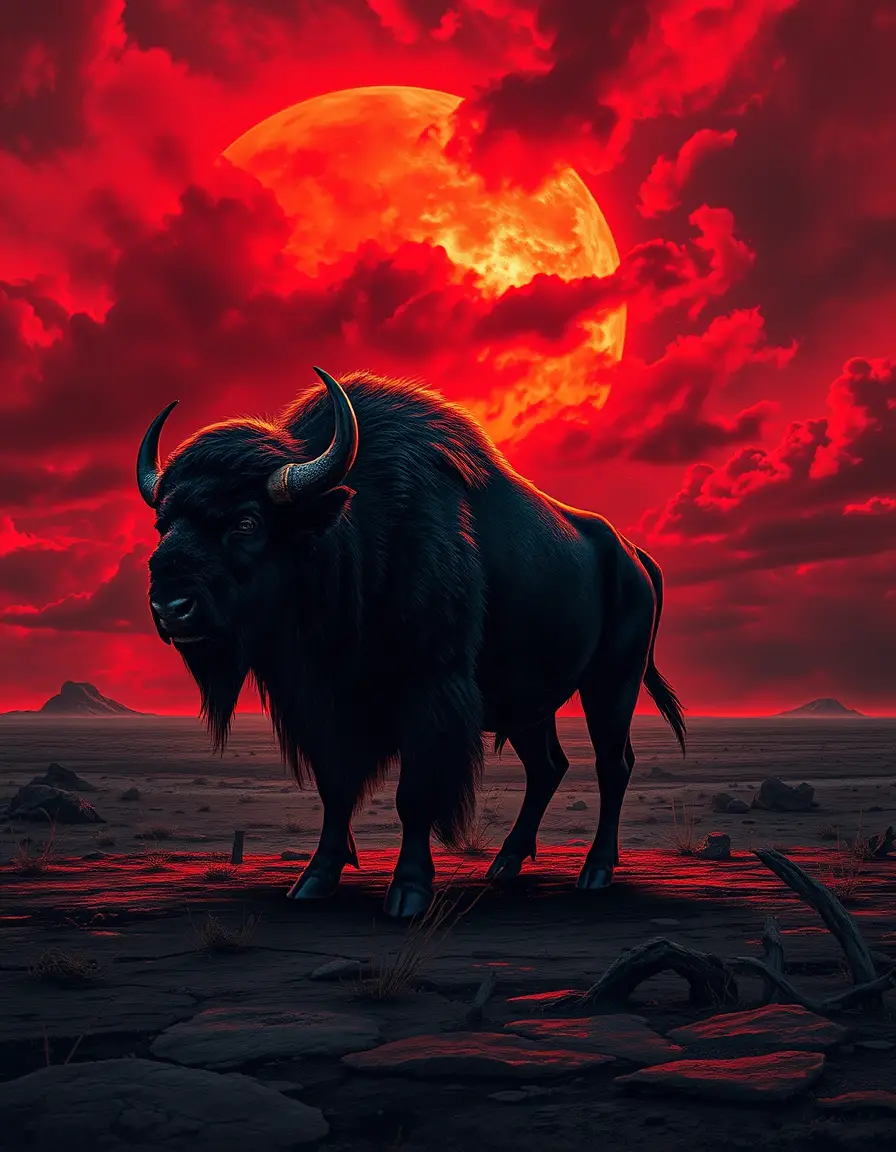 Dark bison silhouette under a blood red stormy sky