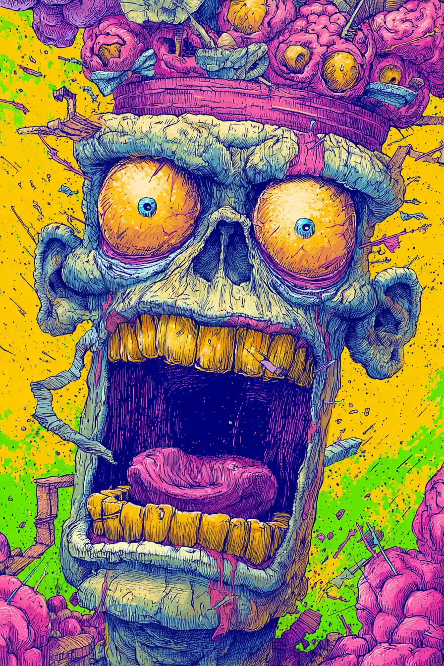 Surreal Distorted Head Exploding With Brains And Winged Demons