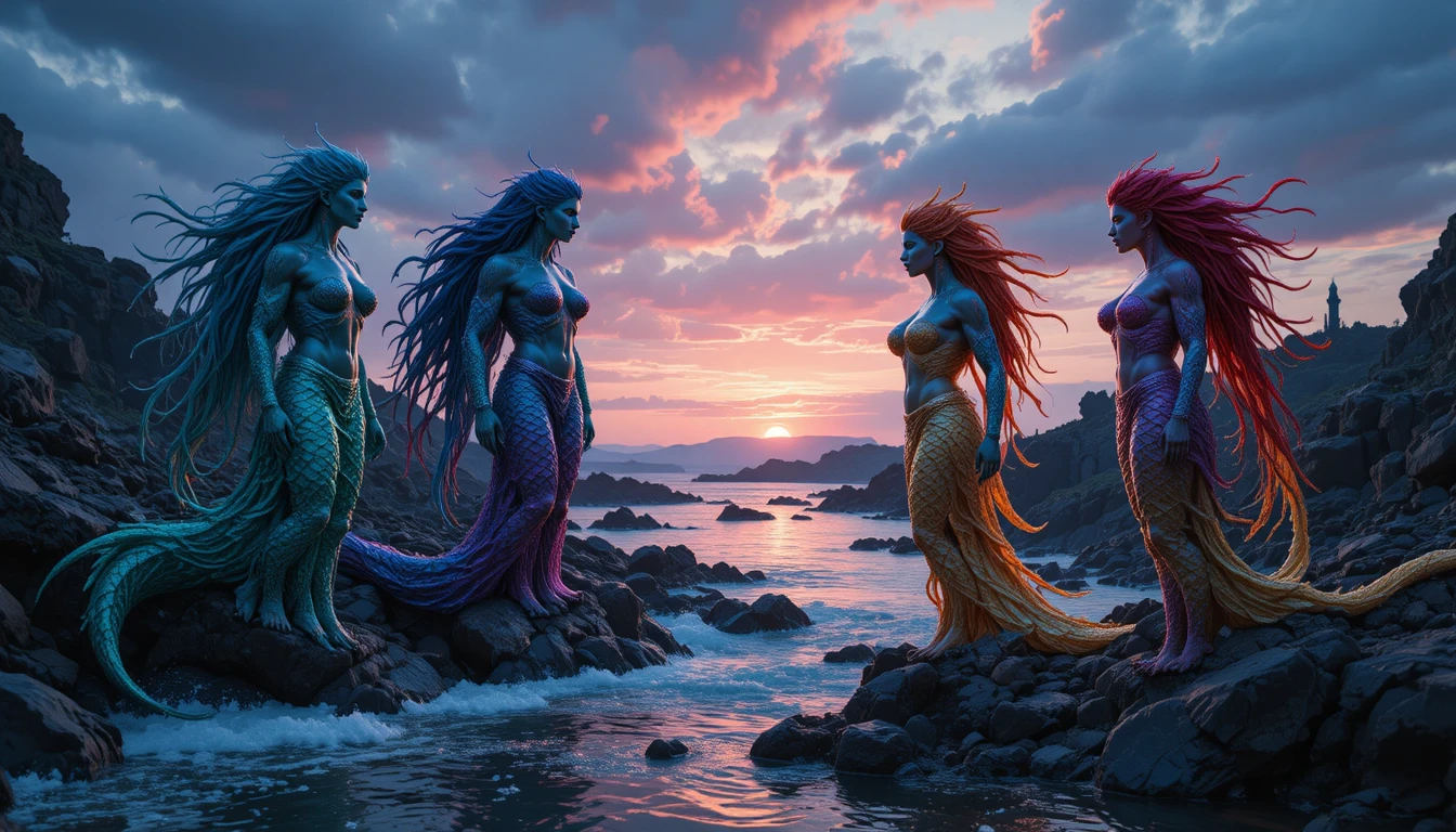Four colorful mermaids on a stormy rocky shoreline