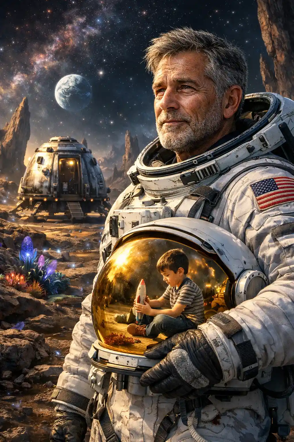 Lonely astronaut holding helmet on strange alien world