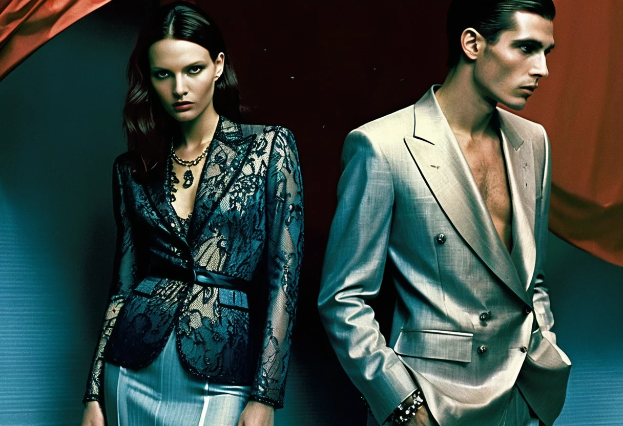 Black and white fashion models in dramatic indoor scene